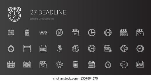 deadline icons set. Collection of deadline with limited time, calendar, wall clock, clock, finish, stopwatch, time, watch. Editable and scalable deadline icons.