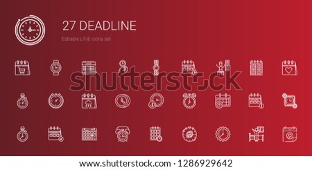 deadline icons set. Collection of deadline with wall clock, stopwatch, schedule, alarm clock, calendar, stopclock, clock, timer, watch, wake up. Editable and scalable deadline icons.
