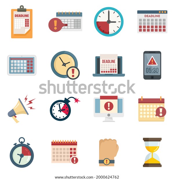 Deadline icons set. Flat set of deadline\
vector icons isolated on white\
background
