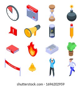 Iconos de fecha límite establecidos. Conjunto isométrico de iconos vectoriales de fecha límite para el diseño web aislados en fondo blanco