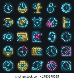 Iconos de la fecha límite establecidos. Conjunto de esquemas de iconos vectoriales de fecha límite color de neón en negro