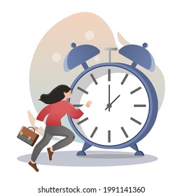 Deadline. Isolated flat style colored illustration. Cloud storage, online base, marketing solution. Girl hurries to work.