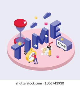 Deadline isometric background with round composition of images text and alarm clocks with little human characters vector illustration