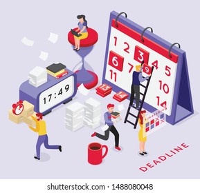Deadline isometric composition with conceptual images of calendar clocks and running people with text and shadows vector illustration