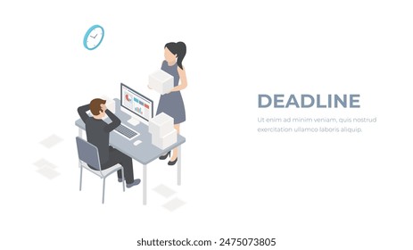 Deadline isometric concept. Overworked office staff. 