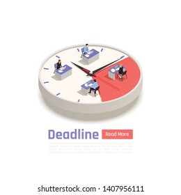 Deadline isometric design concept with team of employees sitting at their desks on big round clock vector illustration 