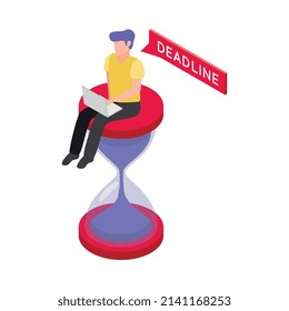 Deadline-Icon mit menschlichem Charakter, der auf Laptop arbeitet und auf Sandglas-Vektorgrafik sitzt