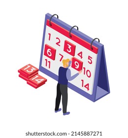 Deadline isometric icon with human character marking days on calendar 3d vector illustration
