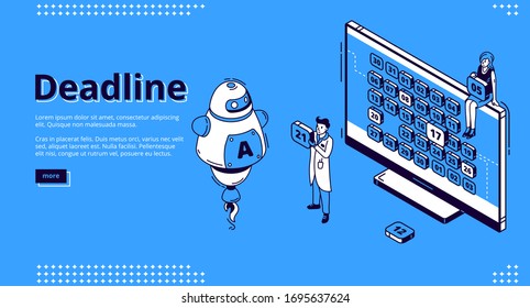 Deadline isometric landing page. Ai robot and business people at huge pc monitor with calendar on screen. Time management and work organization, scheduling concept, 3d vector line art web banner