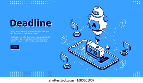 Deadline isometric landing page. Mobile phone with alarm clock and ai robot on screen. Time management and work organization, job planning application digital concept, 3d vector line art web banner