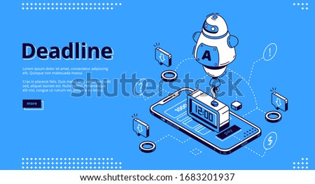 Deadline isometric landing page. Mobile phone with alarm clock and ai robot on screen. Time management and work organization, job planning application digital concept, 3d vector line art web banner