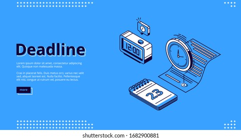 Deadline isometric landing page, Paper document page , alarm clock and note pad calendar. Time management and work organization 3d vector line art web banner