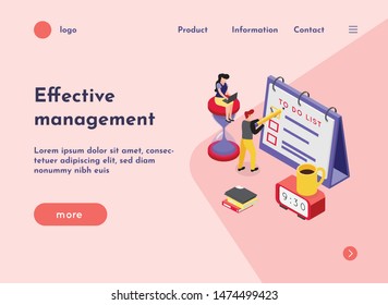 Deadline isometric web site landing page with composition of images clickable links text and more button vector illustration