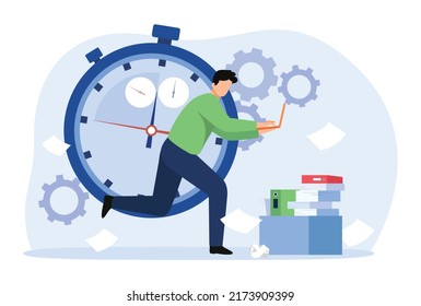 Deadline or Lack of time concept illustration. Outsource employee works on the laptop. Vector illustration