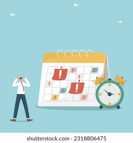 Deadline or limited deadlines for project completion, calendar schedule, planning work, time management, business schedule of meetings and events, shocked man near the calendar with many urgent tasks.