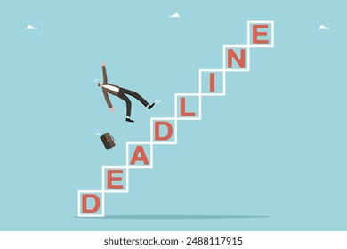 Deadline or limited deadlines for project completion, calendar schedule, planning work, time management, business schedule of meetings and events, man falls from deadline steps.