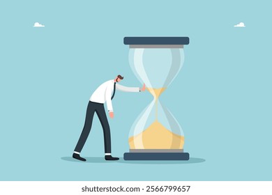 Deadline or limited deadlines for project completion, planning work, time management, business calendar schedule of meetings and events, tired man next to hourglass that is running out of time.