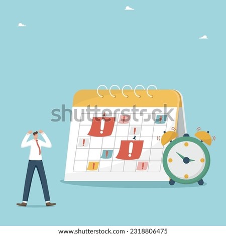 Deadline or limited deadlines for project completion, calendar schedule, planning work, time management, business schedule of meetings and events, shocked man near the calendar with many urgent tasks.
