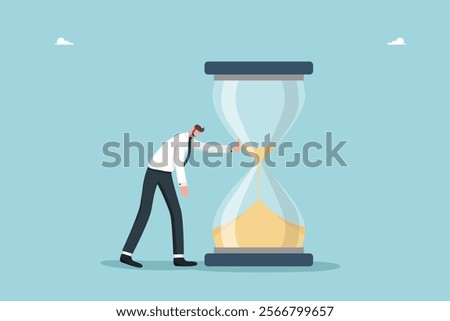 Deadline or limited deadlines for project completion, planning work, time management, business calendar schedule of meetings and events, tired man next to hourglass that is running out of time.