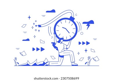 Deadline line concept with people scene in the flat cartoon design. The woman is in a hurry to complete all the tasks before the deadline. Vector illustration.