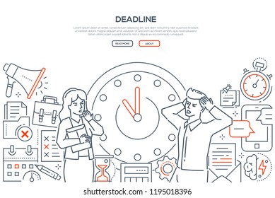 Deadline - line design style vector web banner on white background with copy space for text. Stressed male, female office workers standing next to big clock. Images of megaphone, hourglass, timer