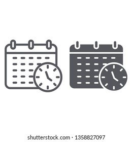Deadline line and glyph icon, organizer and plan, calendar and clock sign, vector graphics, a linear pattern on a white background, eps 10.