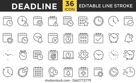 Deadline Line Icon Set. Pixel Perfect and Outline Editable Stroke Icons collection for Alarm, Calendar, Clock, Reminder, Schedule, and Task Management
