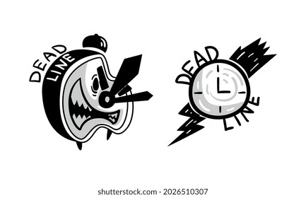 Deadline-Logo-Design-Set, Zeitmanagement, effektive Monokoladenzeichen mit Vektorgrafik-Alarm-Uhr