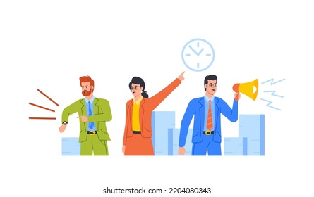 Deadline, Loss Time Concept. Angry Furious Boss Female Character Show On Watch Scolding And Rebuking Incompetent Employees. Ceo Shouting On Stressed Businessmen In Office. Cartoon Vector Illustration
