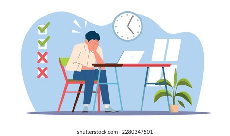 Deadline, man doesnt have time to complete to do list. Ineffective job management with schedule. Bad organization, sad nervous worker person. Cartoon flat illustration. Vector concept