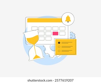 Deadline management concept with calendar, hourglass and task reminder. Represents project planning, time management, task scheduling, productivity tracking, meeting deadlines efficiently illustration