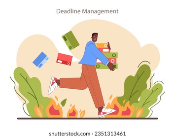 Deadline management skill. Office character with burning work time hours. Character with self-discipline. Organization for performance efficiency. Flat vector illustration