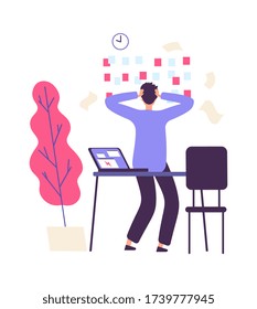 Plazo y administrador. Proceso de trabajo desorganizado. El hombre de estilo plano en el trabajo de oficina tiene muchas tareas. Falla en la programación de negocio y estropea la ilustración vectorial del tipo