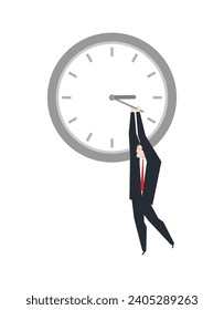 Deadline managers hang on Clock hand. Concept of stop time to solve work tasks. Shortage in project time. Stop time