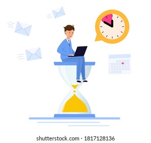 The deadline is marked on the calendar. student sitting on an hourglass and works on laptop. Business process, urgent work. Vector illustration in modern flat.