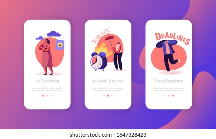 Deadline, Mess in Office, Working Stress Mobile App Page Onboard Screen Set. Employees Burning at Work, Business Troubles, Frustration Concept for Website or Web Page. Cartoon Flat Vector Illustration