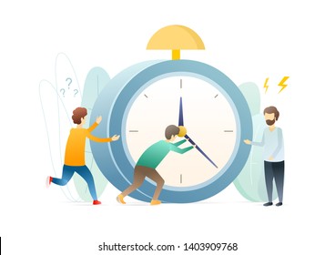 Deadline metaphor flat vector illustration. Time running concept. Men setting clock arrows isolated cartoon characters. Timeliness, time management. Worker nervous about urgent task.