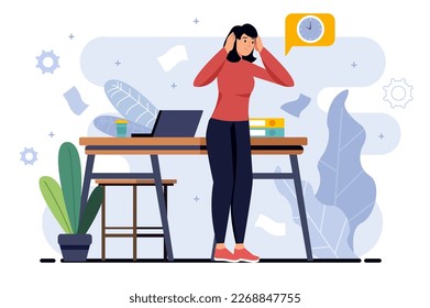 Deadline minimalistic concept with people scene in the flat cartoon style. Woman is worried because she did not have time to complete all the tasks. Vector illustration.