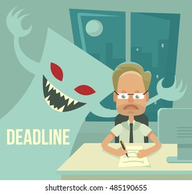 Deadline monster and office worker characters. Vector flat cartoon illustration
