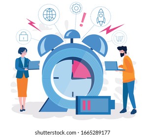 Deadline, multitasking. Professional burnout. Long working day. Vector illustration for web. Millennials at work. Exhausted young people at work in office with clock and low battery icon above. 