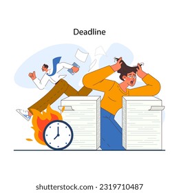 Deadline. Office character with burning work time horse. Idea of huge amount of paper work and short due time. Employees are stressed out about business problems. Flat vector illustration