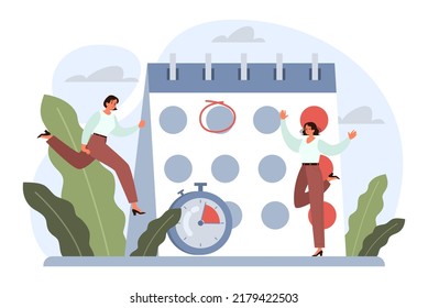 Deadline. Office character with a lot of work and busy lifestyle. Idea of many work and few time. Employee stressed out of business problems. Flat vector illustration