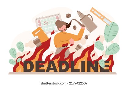 Deadline. Office character with a lot of work and busy lifestyle. Idea of many work and few time. Employee stressed out of business problems. Flat vector illustration
