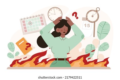 Deadline. Office character with a lot of work and busy lifestyle. Idea of many work and few time. Employee stressed out of business problems. Flat vector illustration