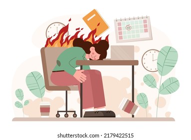 Deadline. Office character with a lot of work and busy lifestyle. Idea of many work and few time. Employee stressed out of business problems. Flat vector illustration