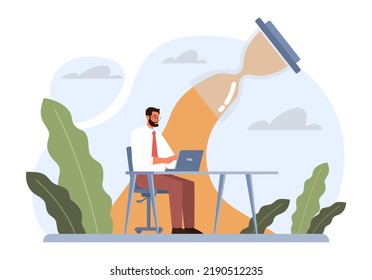 Deadline. Office character with a lot of work and busy lifestyle. Idea of many work and few time. Employee stressed out of business problems. Flat vector illustration