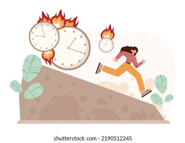 Deadline. Office character with a lot of work and busy lifestyle. Idea of many work and few time. Employee stressed out of business problems. Flat vector illustration