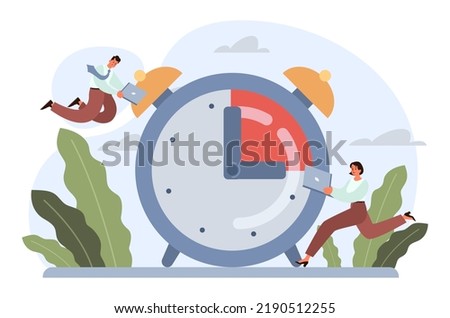 Deadline. Office character with a lot of work and busy lifestyle. Idea of many work and few time. Employee stressed out of business problems. Flat vector illustration