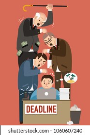 Deadline in office. Chief screams at the subordinate employee. Office hierarchy. Boss yells at the manager. Tense atmosphere. Man, office worker dreams of vacation. Professional vector illustration