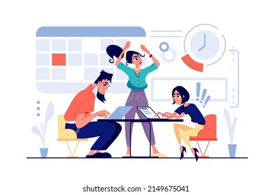 Plazo en el concepto de oficina en diseño de caricaturas planas. Empleados preocupados y cansados que trabajan en laptops, se apresuran a completar las tareas. Tensión laboral y presión de tiempo. Ilustración vectorial con escena de personas para web
